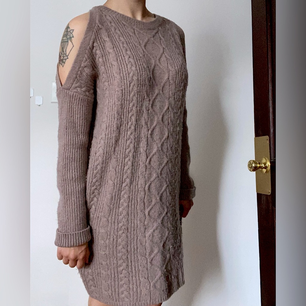 Express Cold Shoulder Cable Knit Taupe Sweater Dress